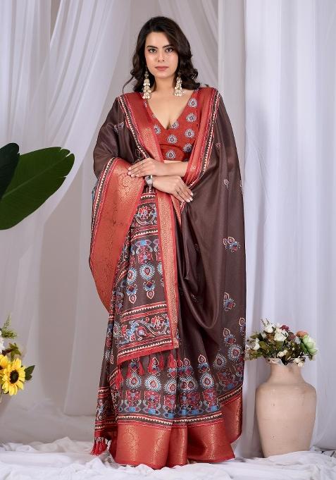 Brown Printed Silk Blend Saree Set