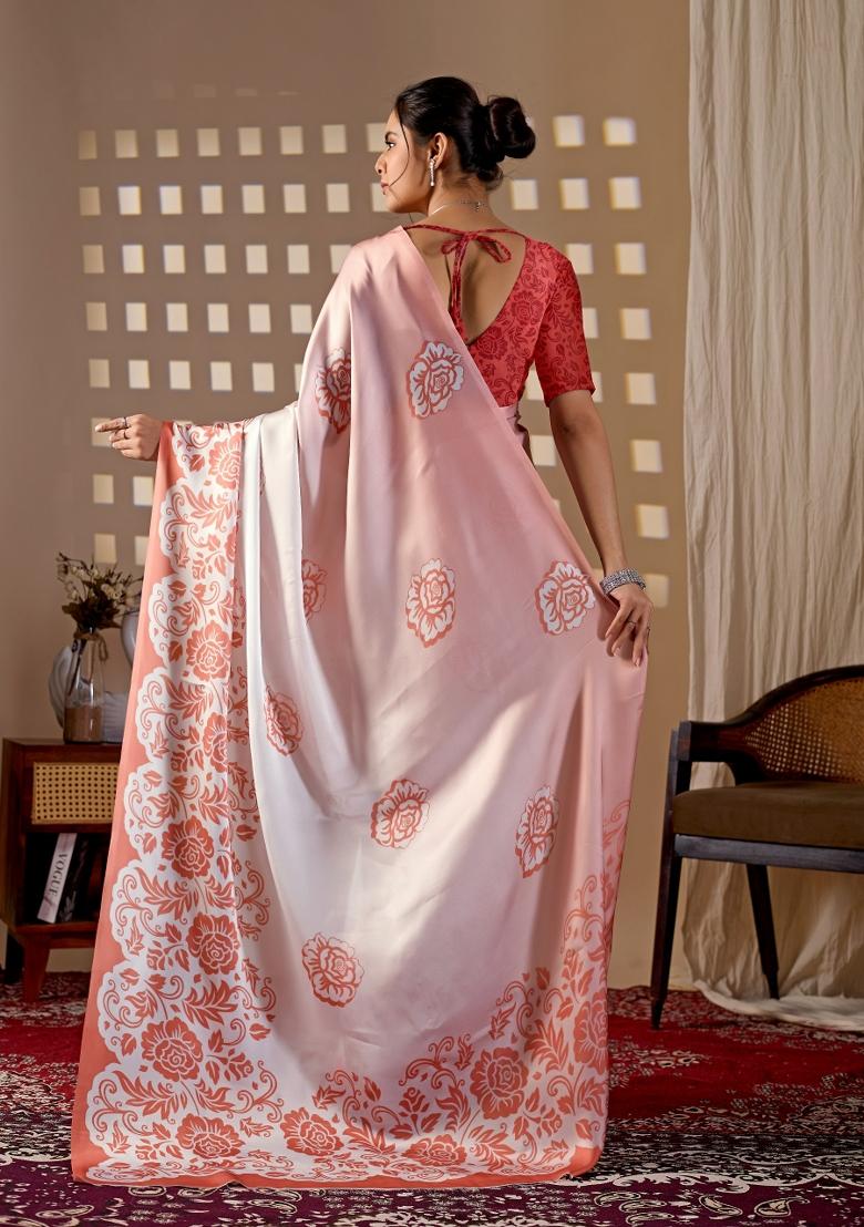 Peach Printed Georgette Saree Set - Indya