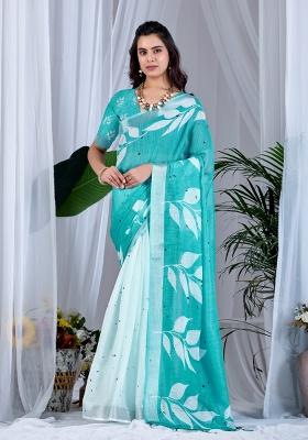 Light Blue Printed Linen Saree Set