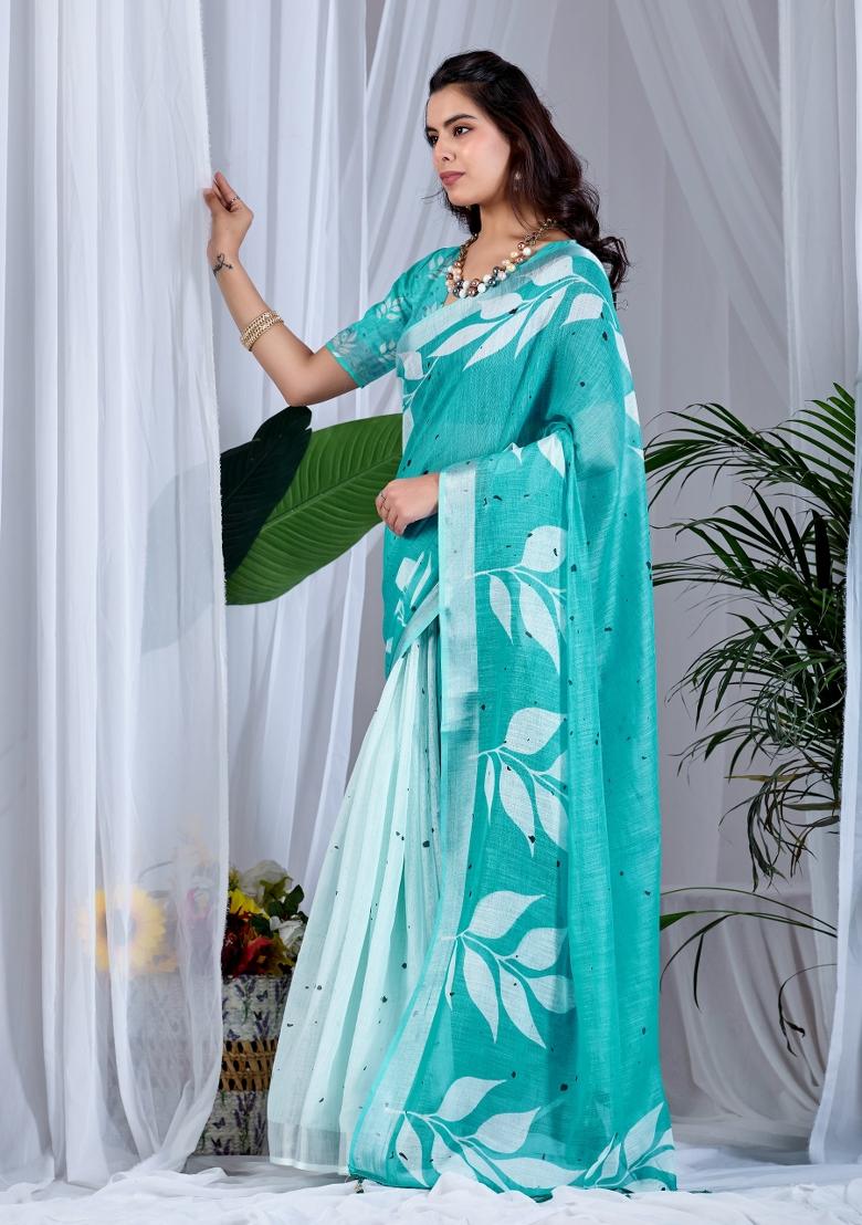 Light Blue Printed Linen Saree Set - Indya
