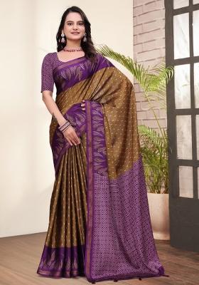 Brown Printed Cotton Saree Set