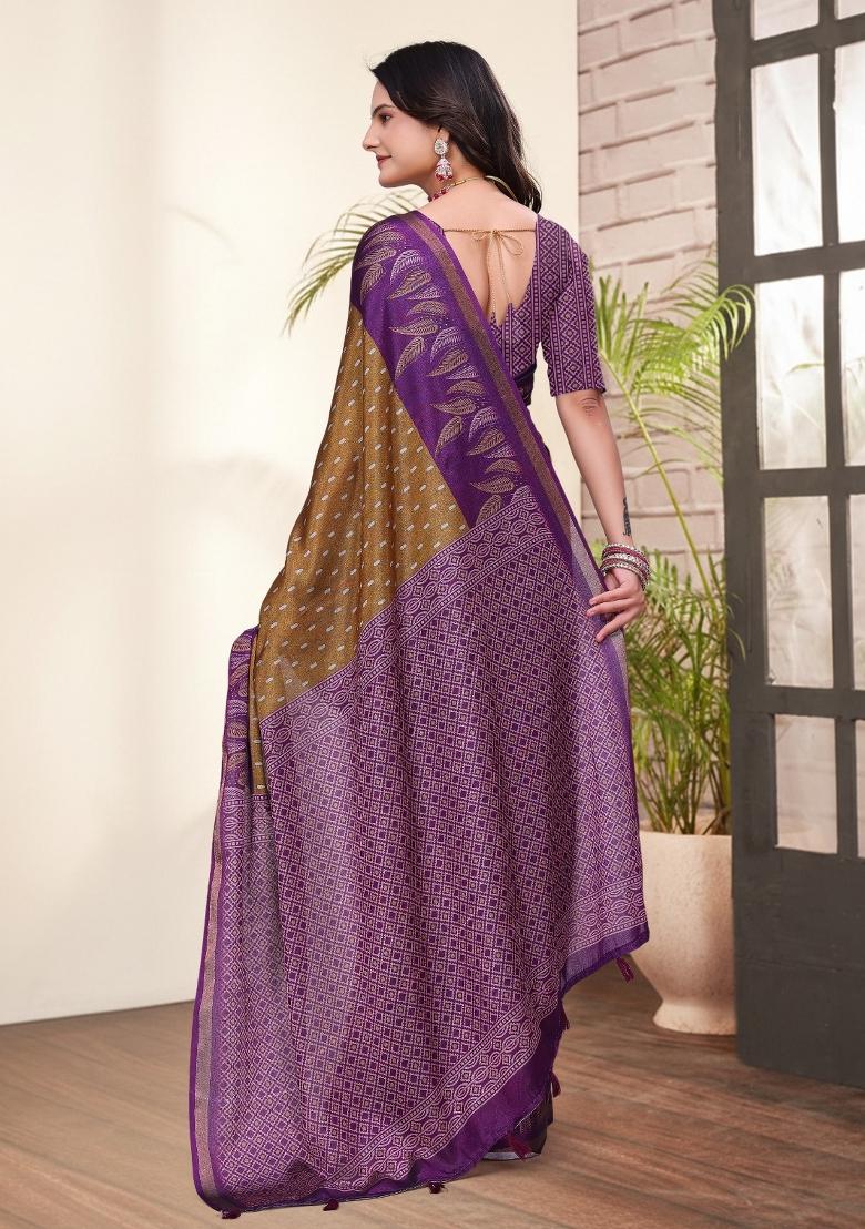 Brown Printed Cotton Saree Set - Indya
