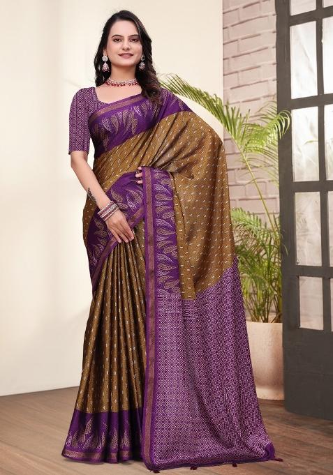 Brown Printed Cotton Saree Set
