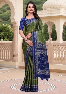 Green Printed Cotton Saree Set