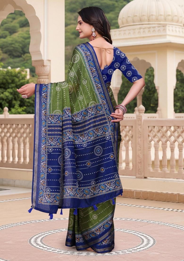 Green Printed Cotton Saree Set - Indya