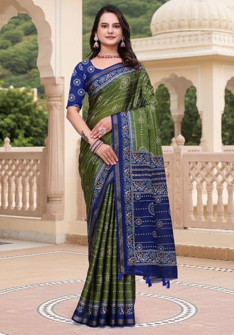 Green Printed Cotton Saree Set
