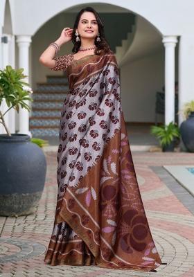 Grey Printed Cotton Saree Set