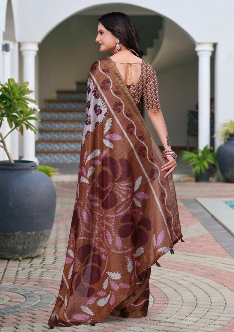 Grey Printed Cotton Saree Set - Indya