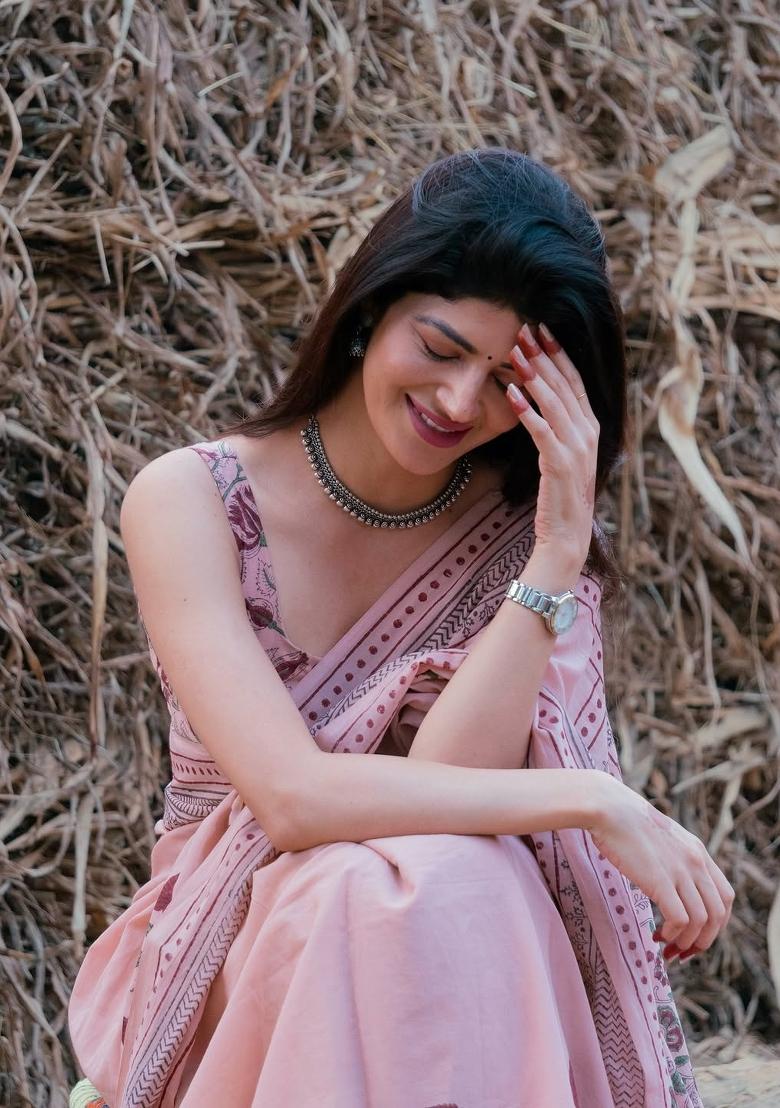 Pink Printed Cotton Saree Set - Indya