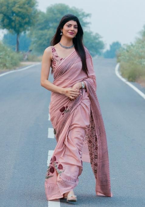 Pink Printed Cotton Saree Set