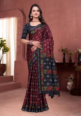 Maroon Printed Cotton Saree Set
