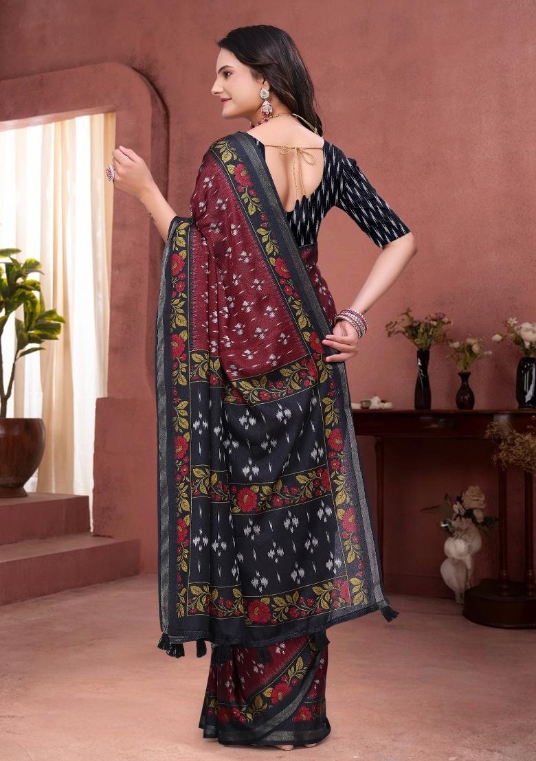 Maroon Printed Cotton Saree Set - Indya