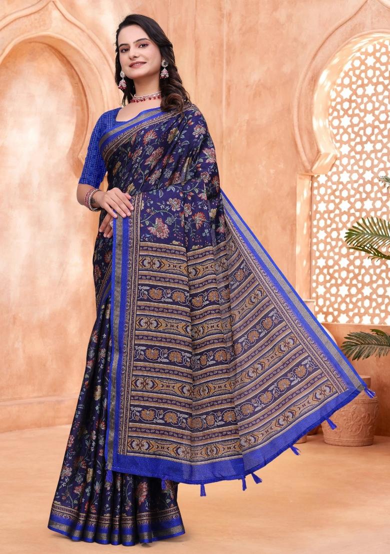 Navy Blue Printed Cotton Saree Set - Indya