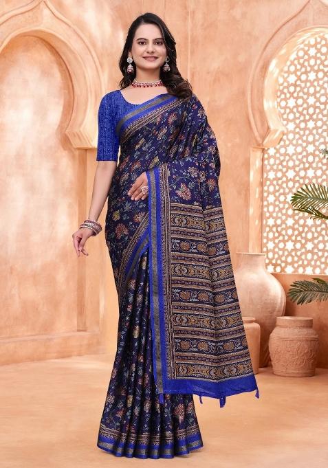 Navy Blue Printed Cotton Saree Set