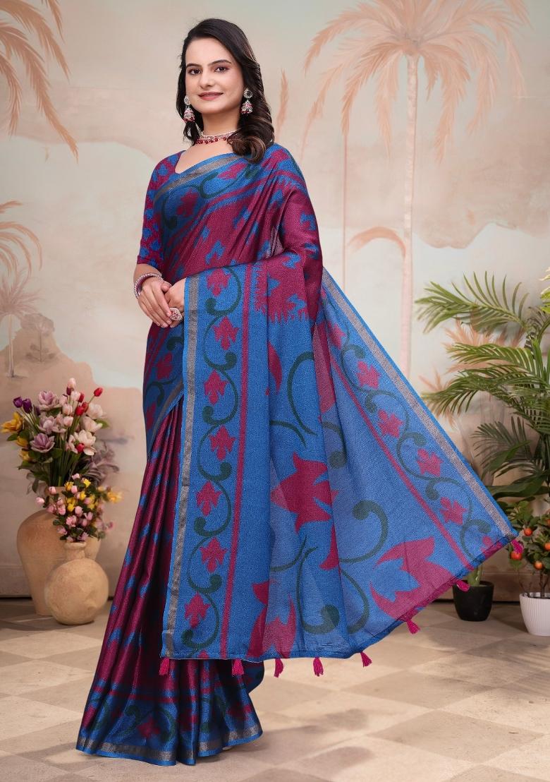 Maroon Printed Cotton Saree Set - Indya