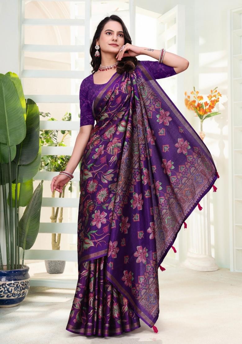 Purple Printed Cotton Saree Set - Indya