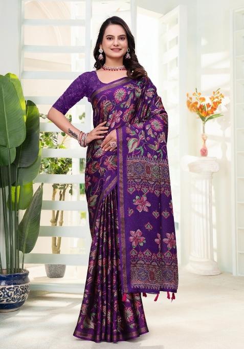 Purple Printed Cotton Saree Set — view on Indya