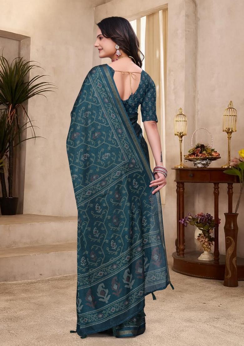 Teal Printed Cotton Saree Set - Indya