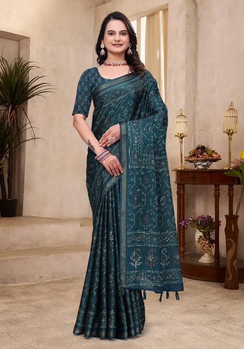 Teal Printed Cotton Saree Set