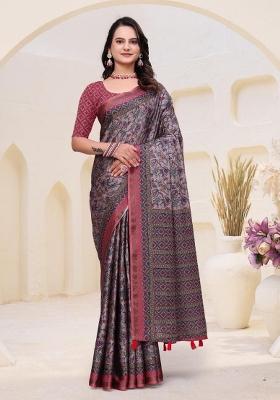 Light Pink Floral Print Cotton Saree Set