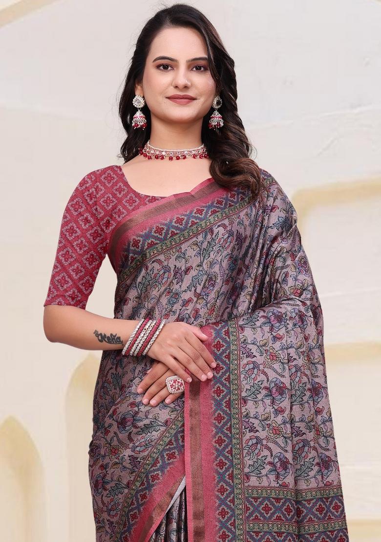 Light Pink Floral Print Cotton Saree Set - Indya