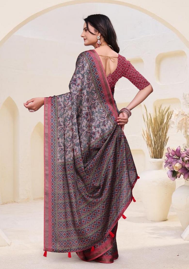 Light Pink Floral Print Cotton Saree Set - Indya