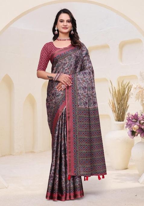 Light Pink Floral Print Cotton Saree Set