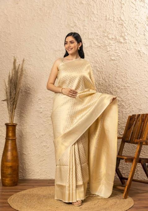 Cream Jacquard Silk Blend Saree Set