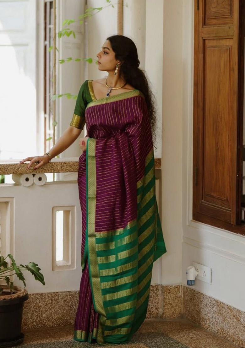Wine Jacquard Silk Saree Set - Indya