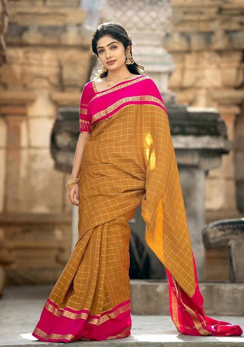 Mustard Jacquard Silk Saree Set - Indya