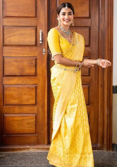 Yellow Jacquard Silk Saree Set — view on Indya