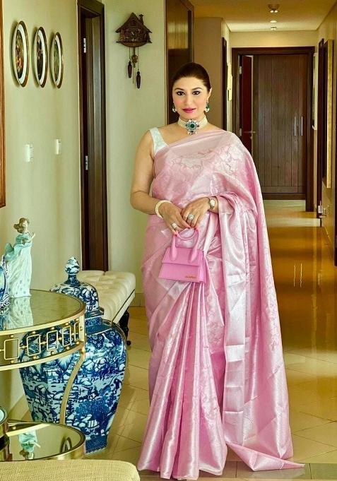 Pink Jacquard Silk Saree Set — view on Indya