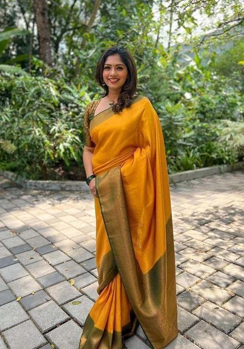 Mustard Jacquard Silk Blend Saree Set