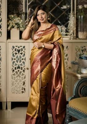 Beige Jacquard Silk Saree Set