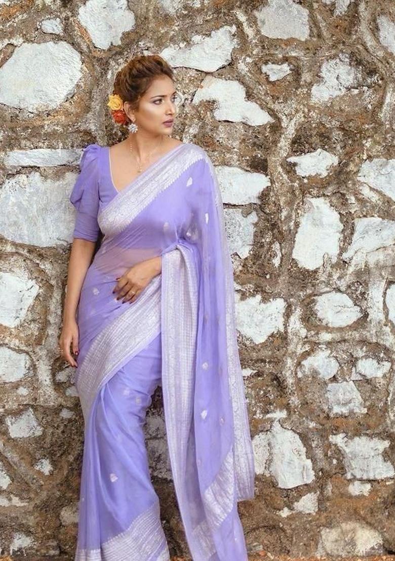 Lavender Jacquard Linen Saree Set - Indya