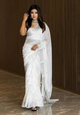 White Jacquard Linen Saree Set