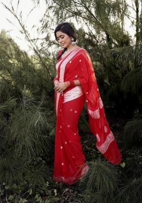Red Jacquard Linen Saree Set