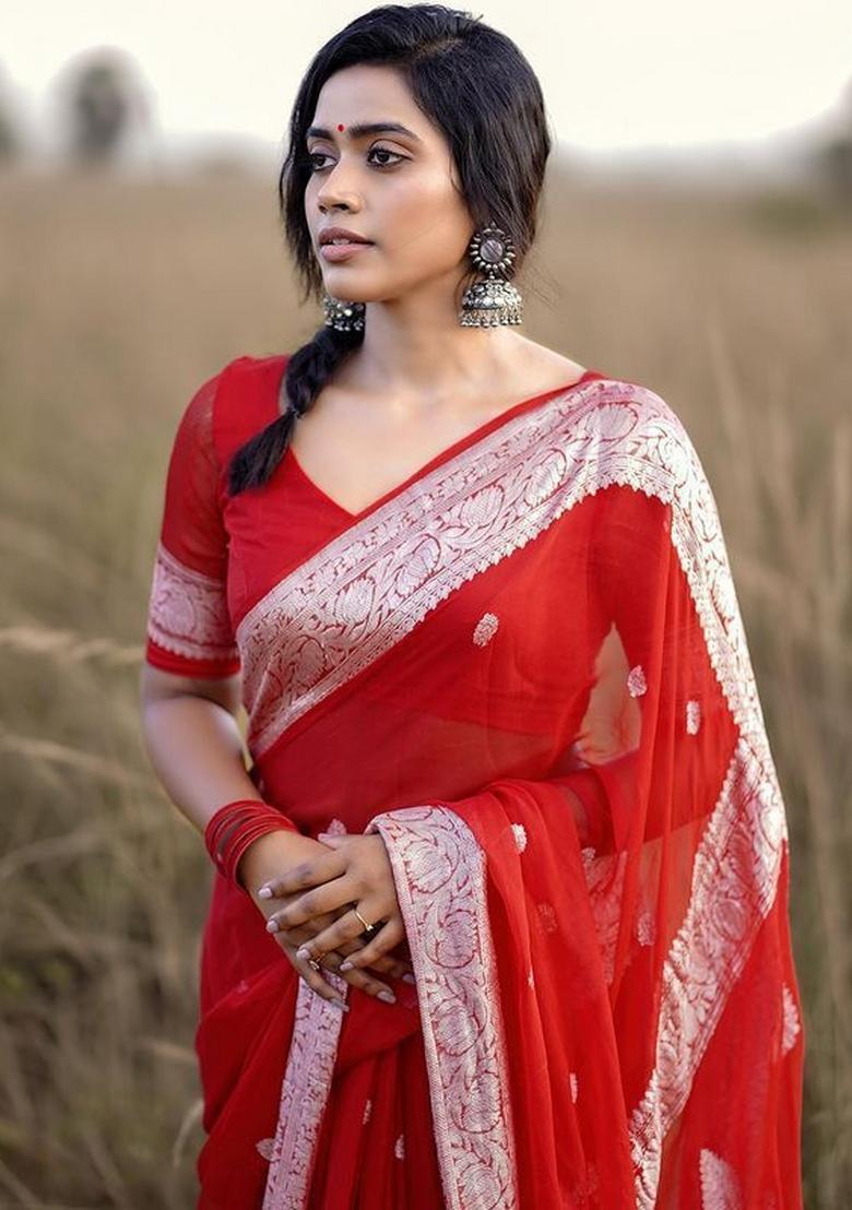 Red Jacquard Linen Saree Set - Indya