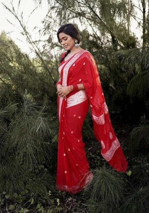 Red Jacquard Linen Saree Set — view on Indya