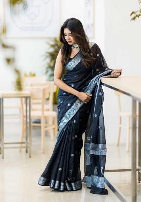 Black Jacquard Linen Saree Set