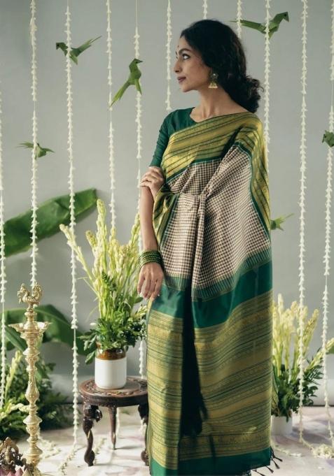 Green Jacquard Silk Saree Set — view on Indya