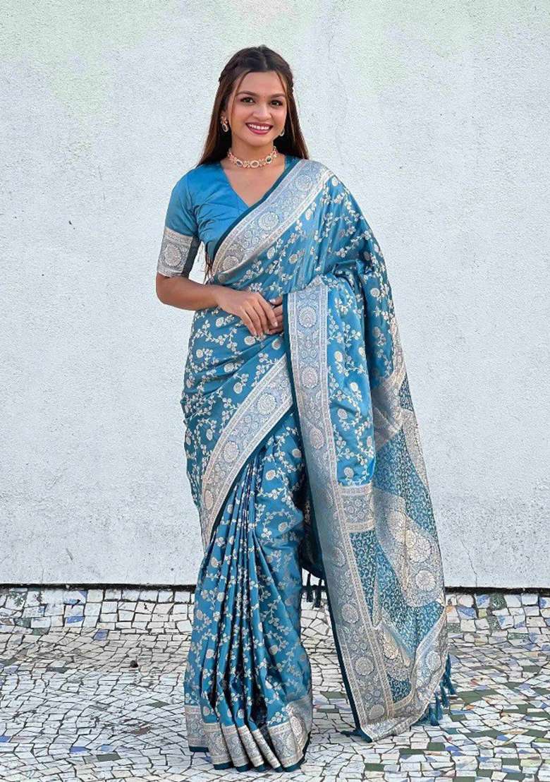 Light Blue Zari Work Silk Blend Saree Set for Diwali and Festive Wear - Indya