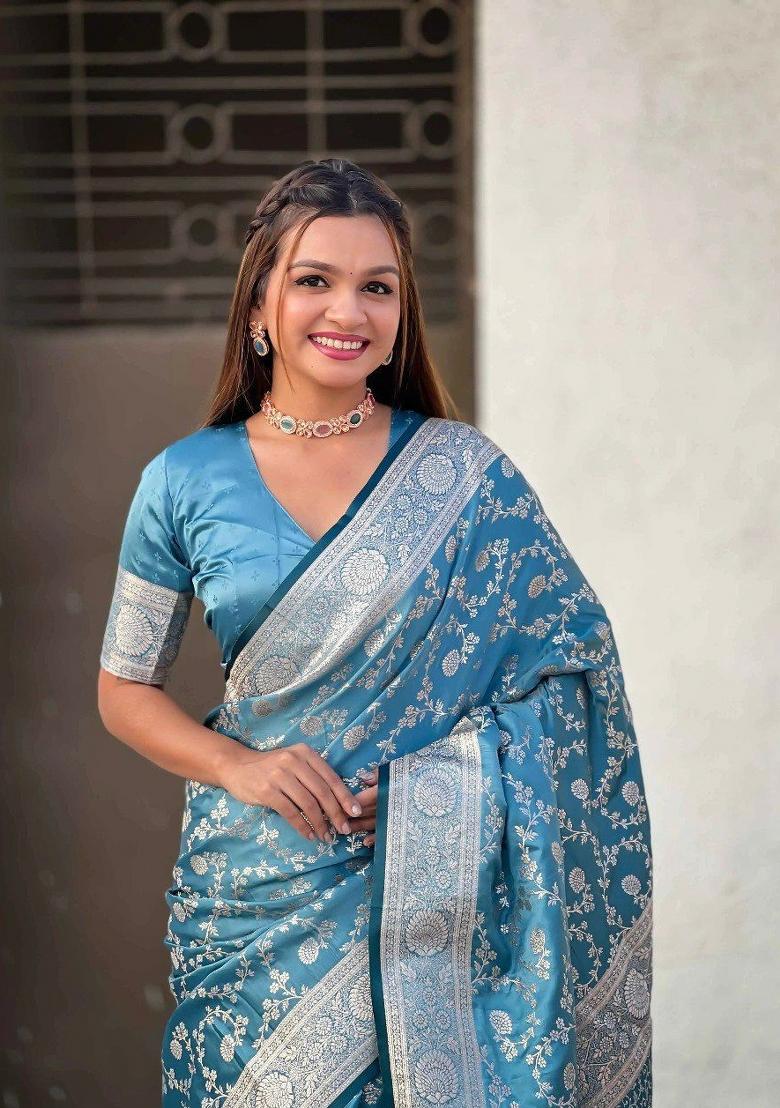 Light Blue Zari Work Silk Saree Set - Indya