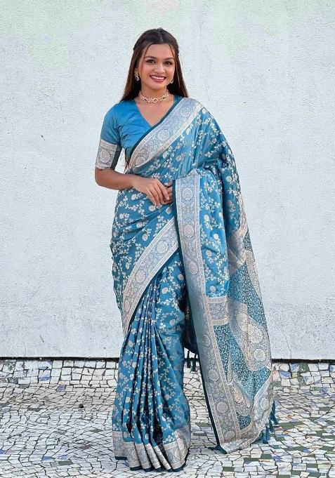 Light Blue Zari Work Silk Blend Saree Set