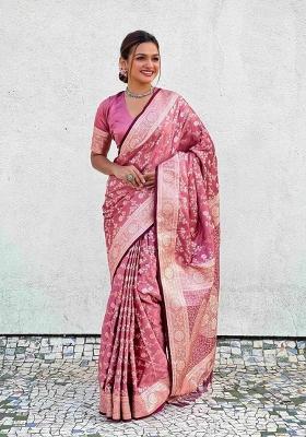 Pink Zari Work Silk Saree Set