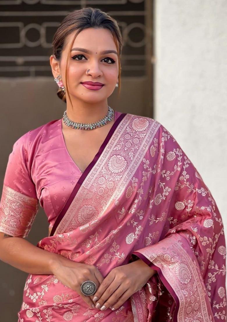 Pink Zari Work Silk Saree Set - Indya