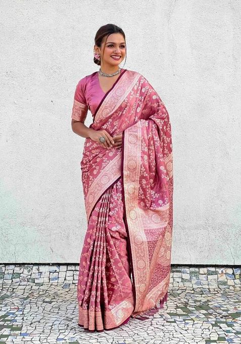 Pink Zari Work Silk Blend Saree Set