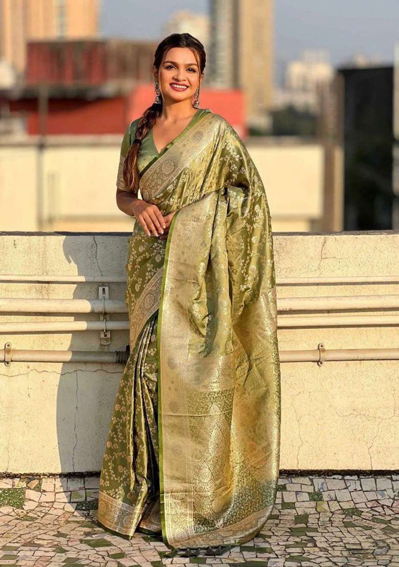 Olive Green Zari Work Silk Blend Saree Set for Diwali and Festive Wear - Indya