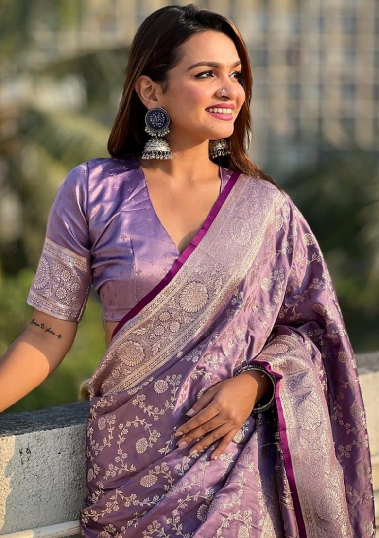 Lavender Zari Work Silk Saree Set - Indya