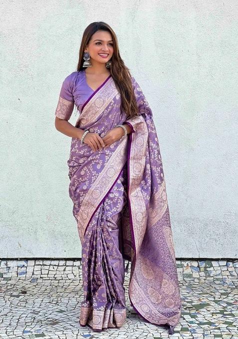 Lavender Zari Work Silk Blend Saree Set